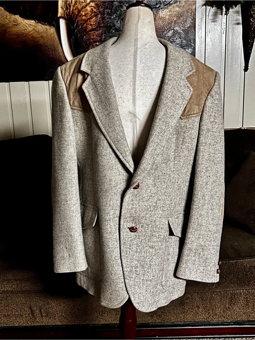 Pendleton ~ Size 42 ~ Vintage ~ Beige Brown ~ Wool Blazer Jacket W/Elbow Patches